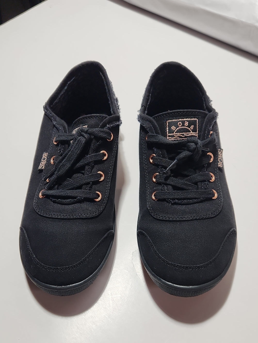 Women Skechers BOBS Black Canvas Sneakers with Rose Gold Accents